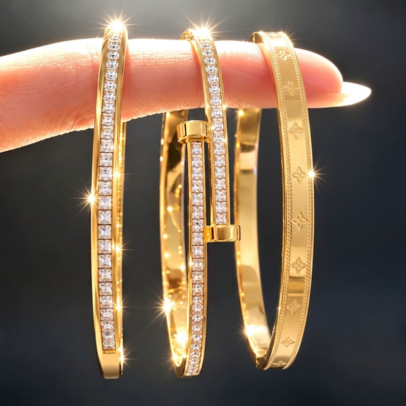 3pcs Embossed Four-Star Bangle Set, Stainless Steel